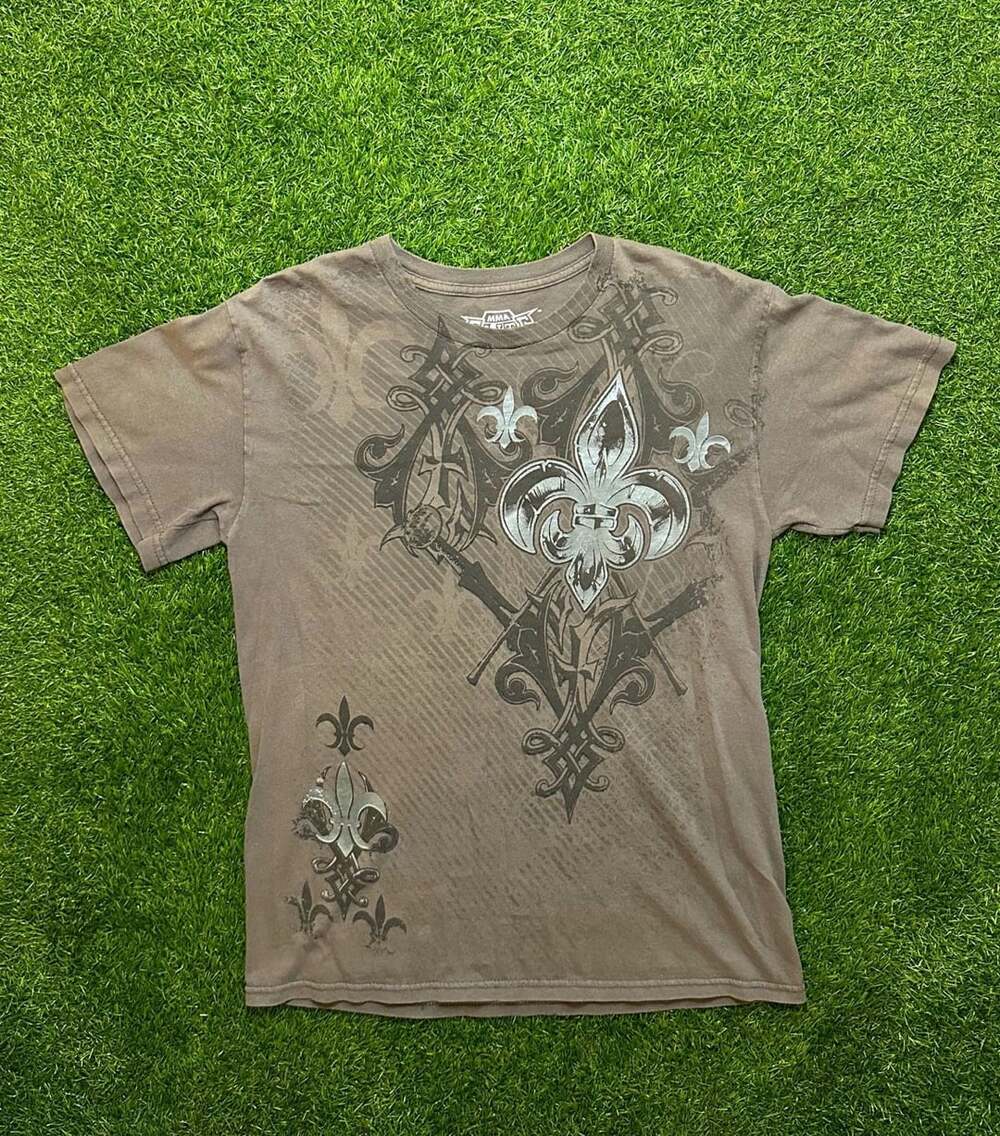 Y2K 2000s MMA Elite Graphic T-Shirt Size S Brown Fleur De Lis Grunge